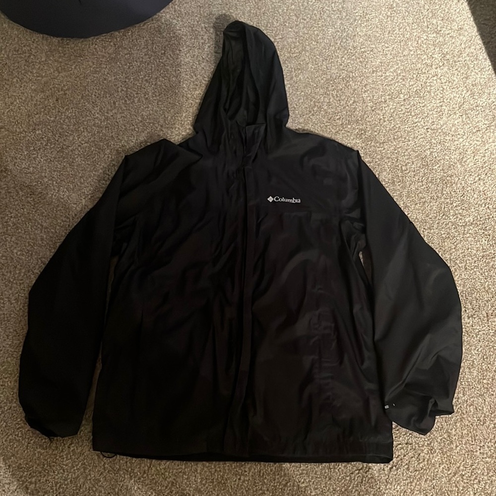 Columbia, black raincoat, size large